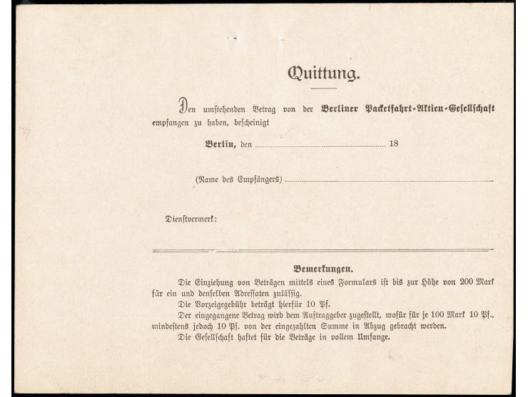 Berlin-Packetfahrt: 1896/1900, 10 Pfg. braunlila mit Stempel „PACKET FAHRT 18. 19.10.99“ auf Formular „Auftrag zur Einziehung