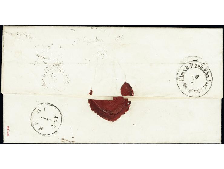 "K.PR:FELD-POST ARMEE-COMMANDO 5/7" (1864) auf komplettem Faltbrief nach Büsum mit vorderseitigem Teilabschlag des dänischen 