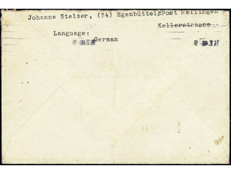 AM Post 25 Pfg. gez. L 11 mit Maschinenstempel „HAMBURG 15.2.46“ als portogerechte Einzelfrankatur auf KGF-Brief in ein ameri