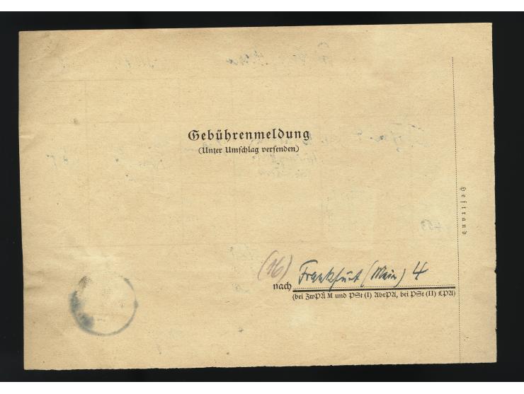 Netz auf Arbeiter 20 Pfg. mit Stempel „FRANKFURT 2.8.48“ einer Gebührenmeldung für ein Paket mit Wertangabe von Friedberg, ei