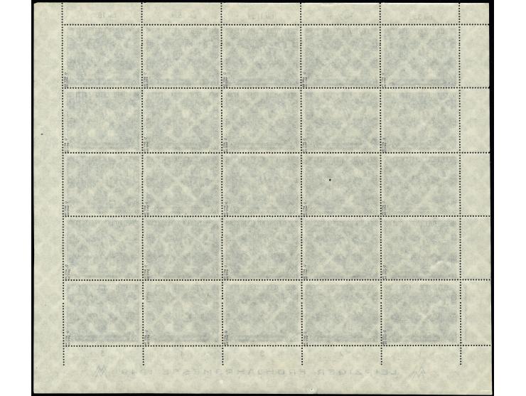 50 Pfg. dunkelkobalt im kpl. Bogen mit 25 Marken, Druckvermerk, Druckereizeichen und Plattenfehler I (Feld 22), postfrisch mi