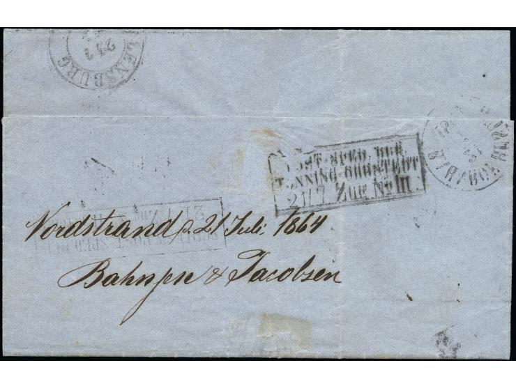 1¼ Schilling grün mit Nummer "213" und sauber nebengesetztem "NORDSTRAND 21/7 1864" sowie "BAHNHOF HUSUM 21/7 1864" auf kompl