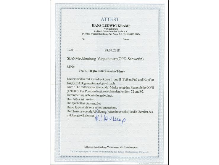 8 Pfg. hellultramarin im senkrechten Dreierstreifen vom Unterrand mit Kehrdruckpaar I und II (Fuß an Fuß und Kopf an Kopf), m