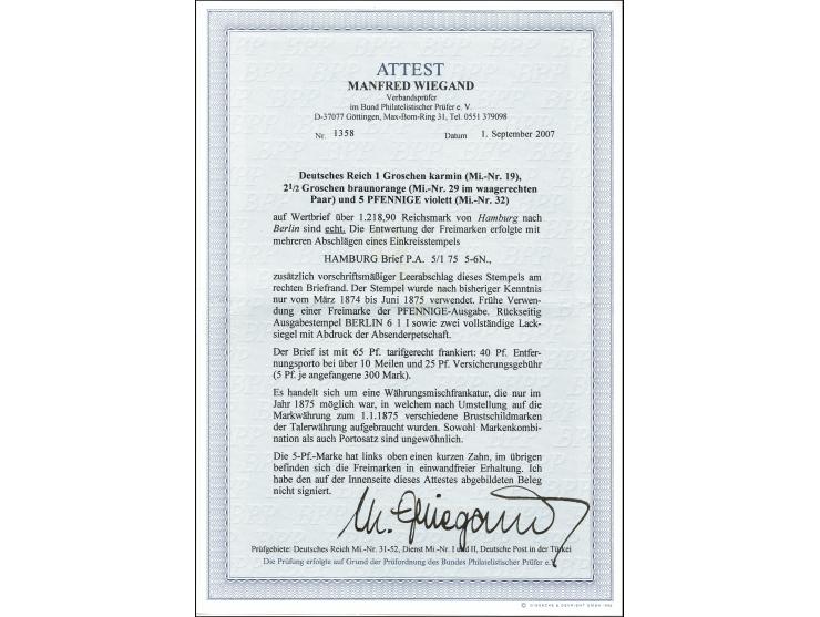 1 Gr. karmin und waagerechtem Paar 2 ½ auf 2 ½ Gr. braunorange in Mischfrankatur mit 5 Pfge. violett je mit EKr. „HAMBURG Bri