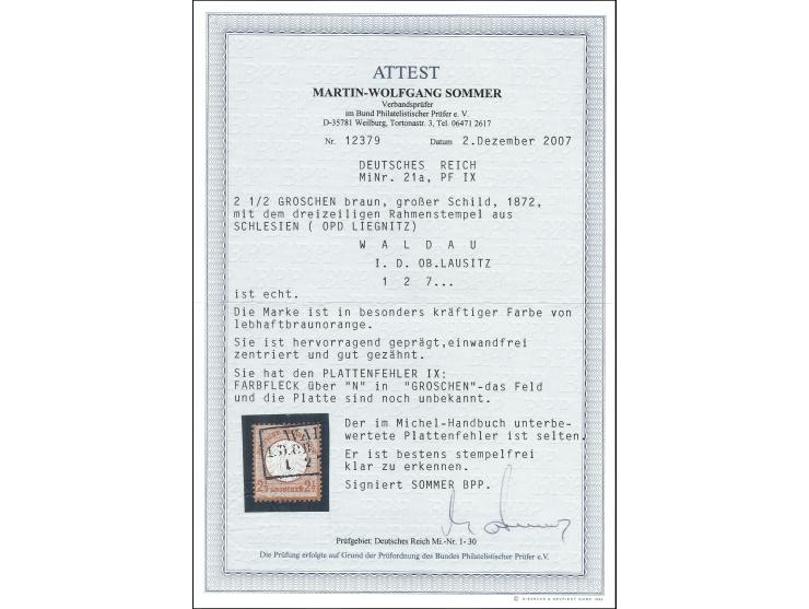 2 ½ Gr. braun mit Plattenfehler „Farbfleck über N in GROSCHEN“, sauber gestempelt, einwandfrei, Fotoattest Sommer BPP (2007)
