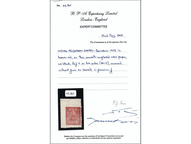 1923  1a brown-red on thin smooth unglazed wove paper perf. 11. This is the rarest stamp of Barwani. BPA certificate (SG valu