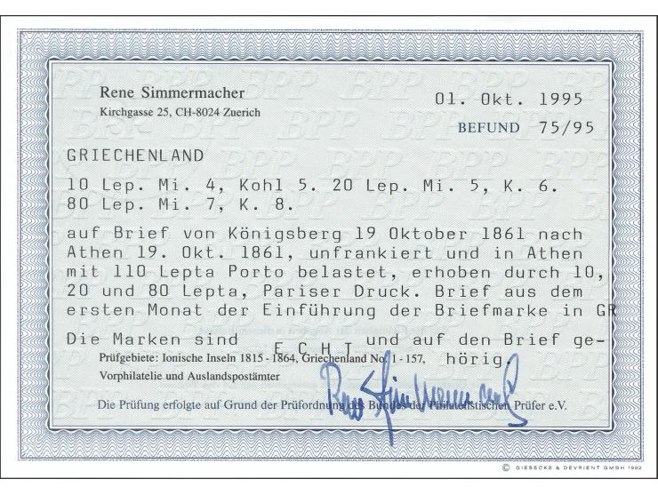 1861, Unfrankierter Brief von "KÖNIGSBERG 19 10" an den außerordentlichen preußischen Gesandten Baron von Werthern in Athen m