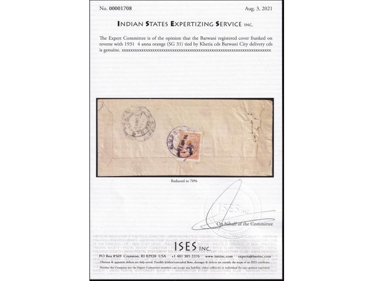 1931 registered cover from Khetia to Barwani City with boxed "KHETIA" registration strike franked with 1931  4a orange (6th p