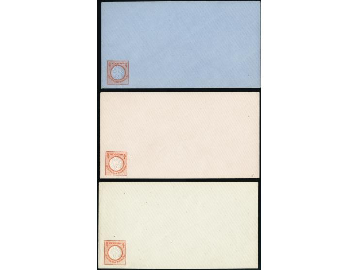 1872, Ganzsachenumschlag 1/2 Gr. orange im Format 145:79 mm, alle drei verschiedenen Umschläge in den Farben Weiß, Rosa und B