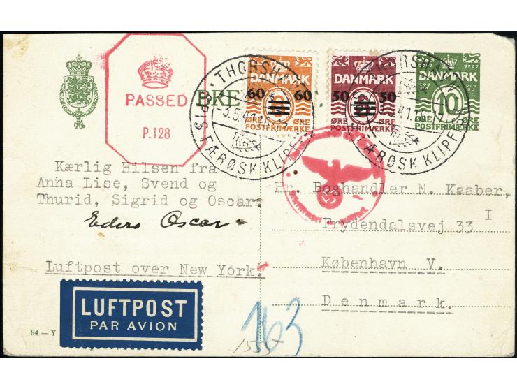 1941, 3.5, 50 on 5ø and 60 on 6ø tied by Klipfisk cds. "THORSHAVN 3.5.41" as additional franking to Postal Stationery card 10