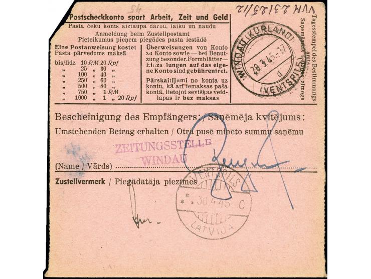 "STENDE 27.3.45" auf Zeitungsdrucksache der Postfiliale "Stende" an das "Dienstpostamt Windau", rückseitig mit Ankunftsstempe