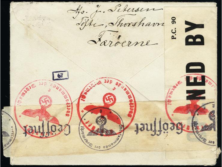 1941, 25.4, 20 on 5ø tied by cancel "TOFTE" to cover to Denmark, censored in England and closed with "P.C. 90 4454" closing s