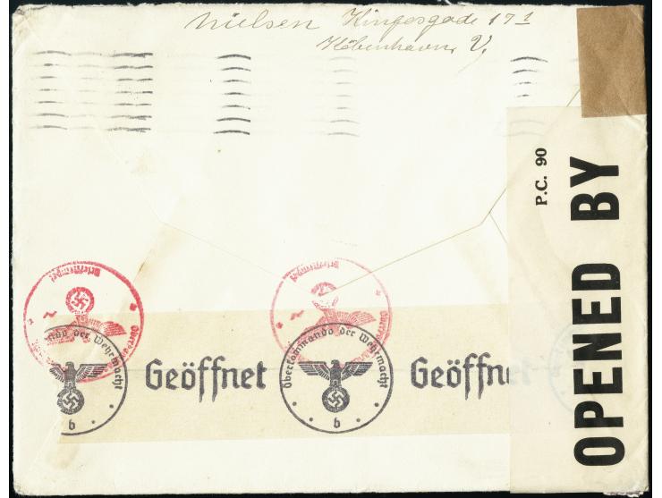 1941, 16.8., Caravelle 20ø tied by wavy line machine cancel "KØBENHAVN 16 AUG 1941" to cover to Thorshavn, censored in Berlin