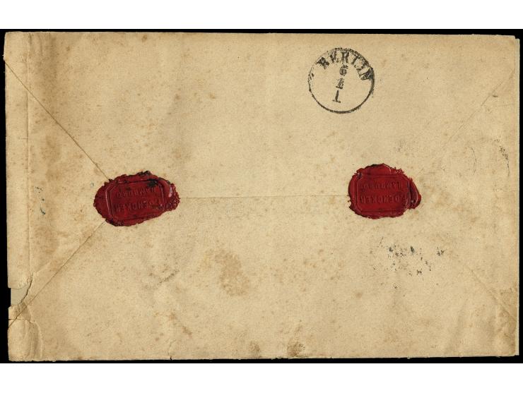 1 Gr. karmin und waagerechtem Paar 2 ½ auf 2 ½ Gr. braunorange in Mischfrankatur mit 5 Pfge. violett je mit EKr. „HAMBURG Bri