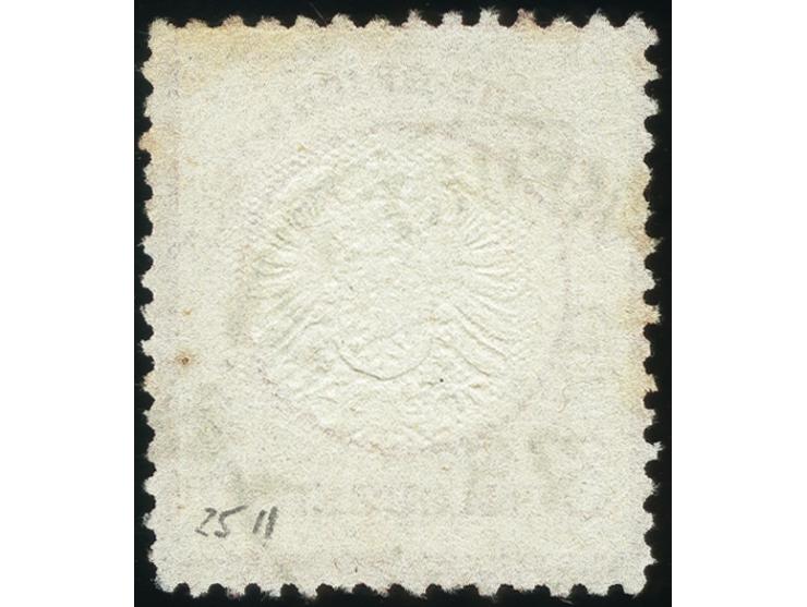 3 Kr. karmin mit Plattenfehler „beschädigter Innenkreis unter DEU in DEUTSCHE“ (Feld 129), sauber gestempelt mit EKr. „FRANKF