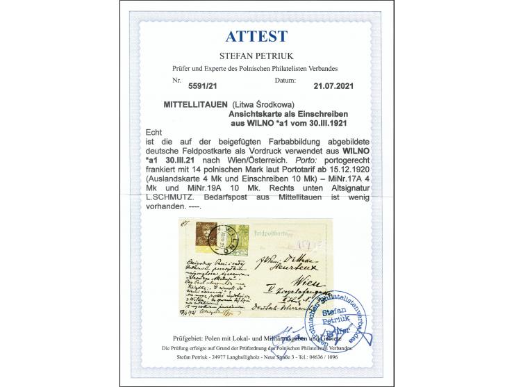 1920, 4m. and 10m. tied by cds. "WILNO 30.III.21" to registered postcard to Vienna, scarce, signed Schmutz and Petriuk PZF wi