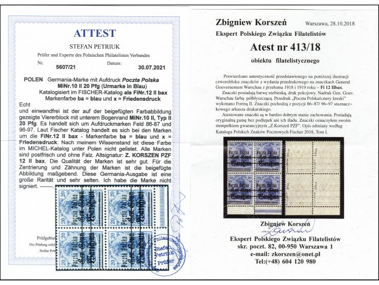 1918, Germania 20 pfg. blue, pre-war printing, block of four from positions 86-87 and 96-97 with bottom sheet margin, mint ne