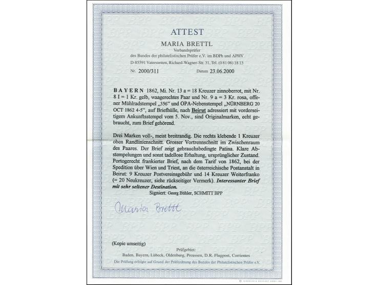 18 Kreuzer zinnoberrot, drei Kreuzer rosa und zwei Einzelwerte 1 Kreuzer gelb, die rechts klebende Marke oben Randlinienschni