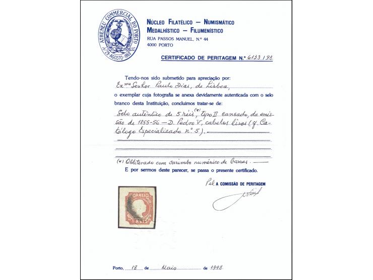 1855, Dom Pedro 5 reis brown, good to very large margins and lightly cancelled, leaving most of the design free, very fine, c