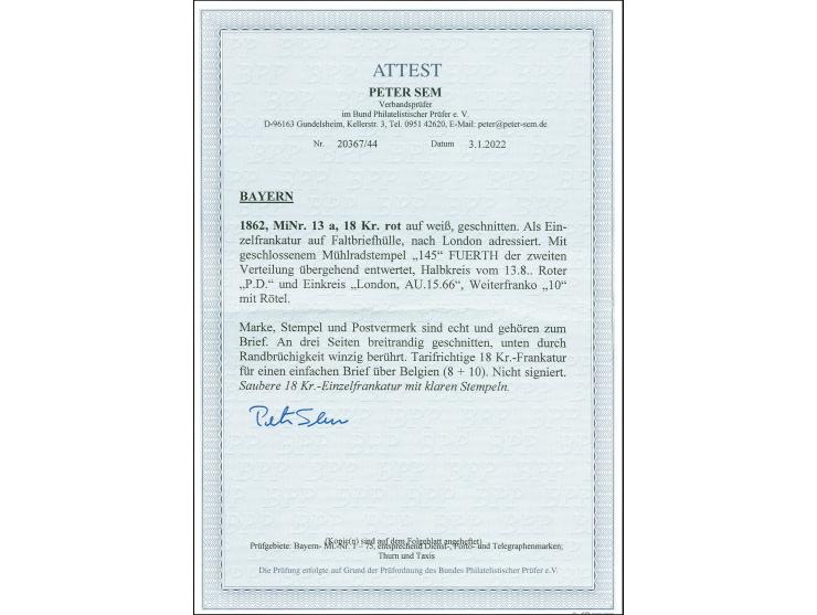 18 Kreuzer zinnoberrot, sehr schön farbfrisch, unten bayernbrüchig und dadurch dort teils gering berührt, sonst breitrandig, 