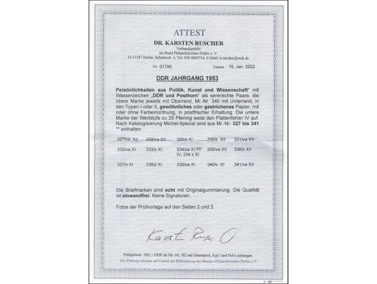 1953, Köpfe II 2-84 Pfg. kpl. in senkrechten Paaren, bis auf 80 Pfg. rot je mit Oberrand, dabei 25 Pfg. mit Plattenfehler "F 