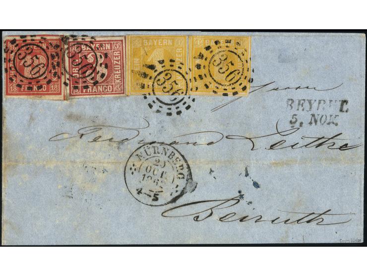 18 Kreuzer zinnoberrot, drei Kreuzer rosa und zwei Einzelwerte 1 Kreuzer gelb, die rechts klebende Marke oben Randlinienschni