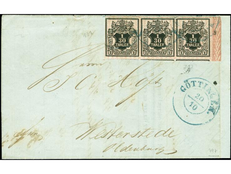 1/30 Th. rosa genetzt, waagerechter Rand-3er-Streifen mit Reihenzähler „3“, mit leicht auf- und sauber nebengesetztem DKr. „G