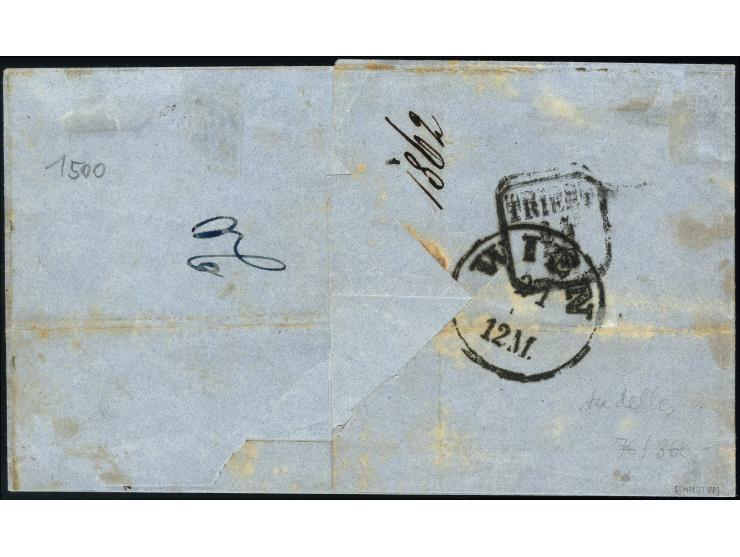 18 Kreuzer zinnoberrot, drei Kreuzer rosa und zwei Einzelwerte 1 Kreuzer gelb, die rechts klebende Marke oben Randlinienschni