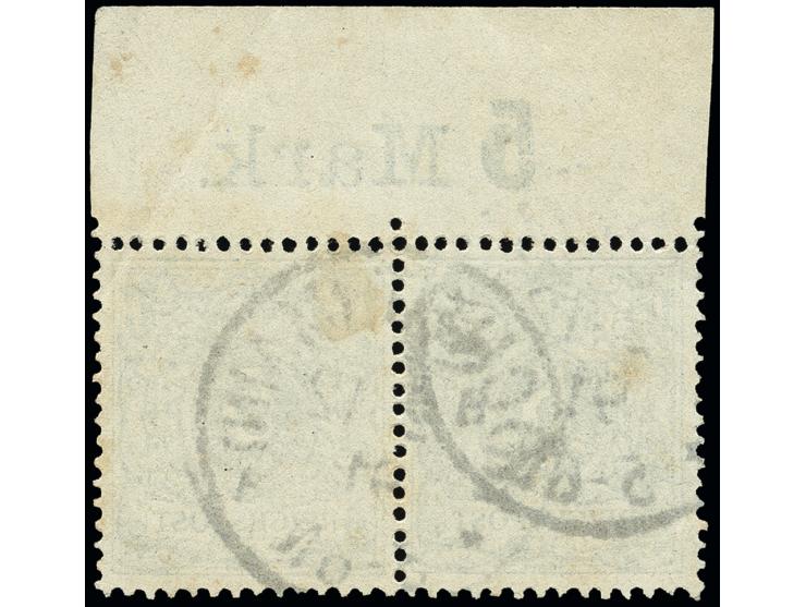 1889/90, Krone/Adler 5 Pfg. gelblichgrün im waagerechten Paar mit Oberrand mit Bogenwertzahl „5 Mark“, mit EKr. „HÖCHST 2.12.
