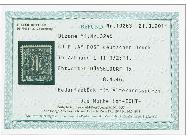 50 Pfg. schwarzgrün, gez. 11 ½:11, sauber gestempelt "DÜSSELDORF 8.4.46", minimalste Fleckchen, sonst einwandfrei, eine selte
