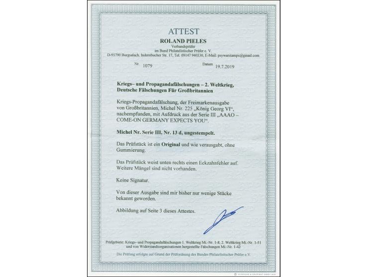 1944,  "AAAO - COME-ON GERMANY EXPECTS YOU !" 2½d. schwärzlichultramarin mit Oberrand bzw. Zwischenstegansatz links, ohne Gum