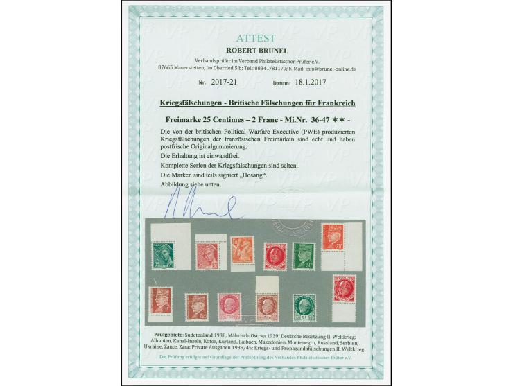 1941, Merkurkopf und Iris 25C. - 1,5 Fr. und Petain 30C.-2Fr., postfrisch, einige Werte etwas oxydiert, die seltene 1,50 Fr. 