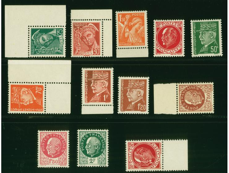 1941, Merkurkopf und Iris 25C. - 1,5 Fr. und Petain 30C.-2Fr., postfrisch, einige Werte etwas oxydiert, die seltene 1,50 Fr. 