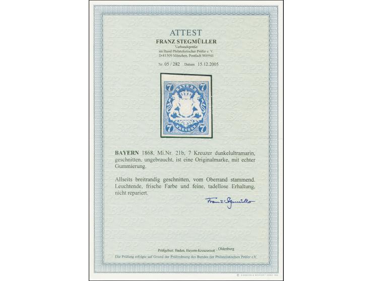 7 Kr. dunkelultramarin, allseits breitrandig und farbfrisch, ungebraucht mit Originalgummi, tadellos. Fotoattest Stegmüller B