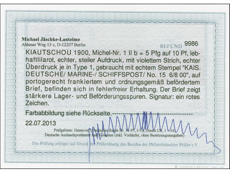 1900, 1. Tsingtau-Ausgabe mit steilem Aufdruck: 5 Pfg. auf 10 Pfg. mit Aufdrucktype 1 und violettem Strich, zwei Einzelwerte 