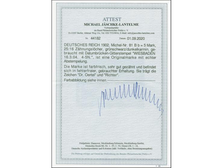 1902, 5 M. grünschwarz/dunkelkarmin, Zähnungslöcher 25:16, sauber gestempelt, einwandfrei, seltene Marke, sign. Dr. Oertel un