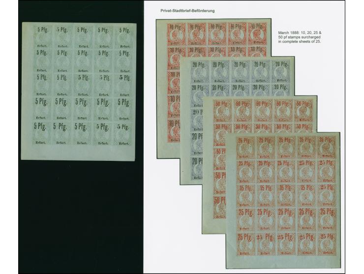 1888, 5 Pfg. auf 10 M. - 50 Pfg. auf 10 M. im kompletten Bogensatz mit je 25 Marken, dabei verschiedene Aufdrucktypen, ungebr