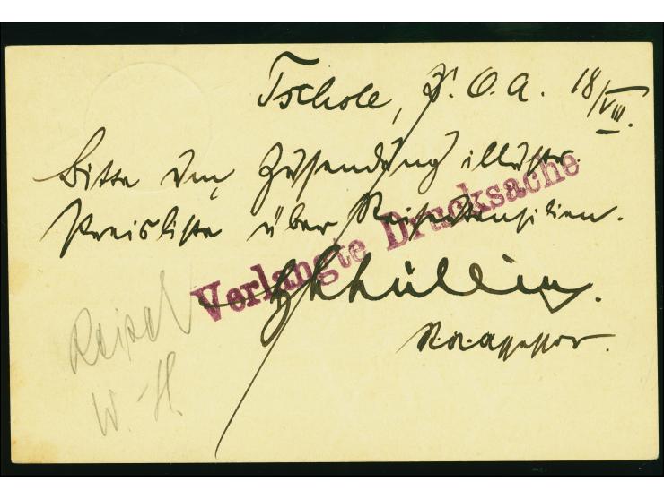 "TSCHOLE DOA 18.8.11", klar auf bedarfsgebrauchter Ganzsachenkarte 5 Pfennig nach Berlin. Die Karte hat rechts zwei Gelbfleck