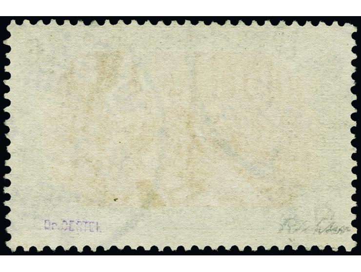 1902, 5 M. grünschwarz/dunkelkarmin, Zähnungslöcher 25:16, sauber gestempelt, einwandfrei, seltene Marke, sign. Dr. Oertel un