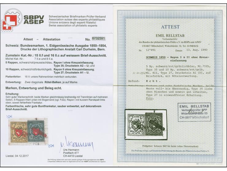 5 Rp. schwarz/rot/preußischblau und Rayon II 10 Rp. schwarz/rot/baunlichgelb ohne Kreuzeinfassung, Type 35+27, 10 Rp. seltene