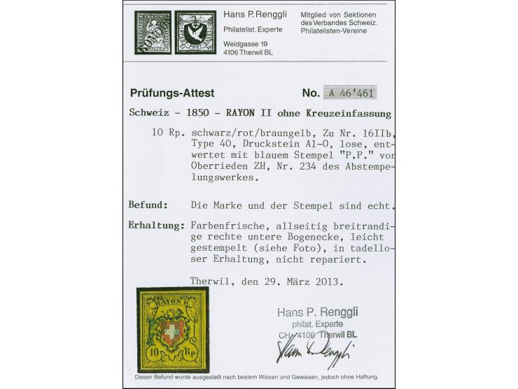 10 Rp. schwarz/rot/braungelb ohne Kreuzeinfassung, Type 40, Stein A1, farbfrisch, allseits voll- bis breitrandig, mit blauem 