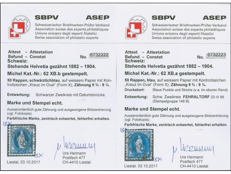 50 Cts. blau, zwei Einzelmarken in seltener Zähnung 9¾:9¼, Farbvarianten blau und schwärzlichblau, farbfrisch und gut gezähnt