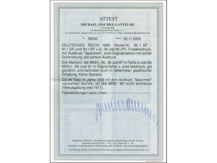 1905 Germania Friedensdruck 2-80 Pfennig mit "Specimen"-Aufdruck komplett (60 Pfennig gibt es nicht mit dem Aufdruck), postfr