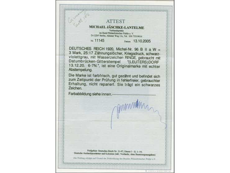 3 Mark schwarzviolettgrau auf Papier mit Wasserzeichen "Ringe", sauber gestempelt, in tadelloser Erhaltung, sehr schönes Exem