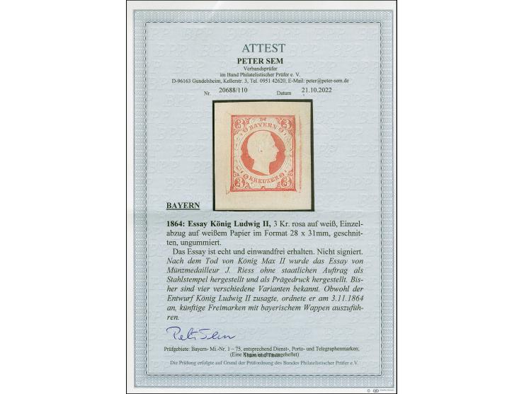 1865, Essais des Münzmedailleurs J. Ries: Ludwig II. 3 Kr. rosa im kombiniertem Buch- und Prägedruck, etwas abweichende Zeich
