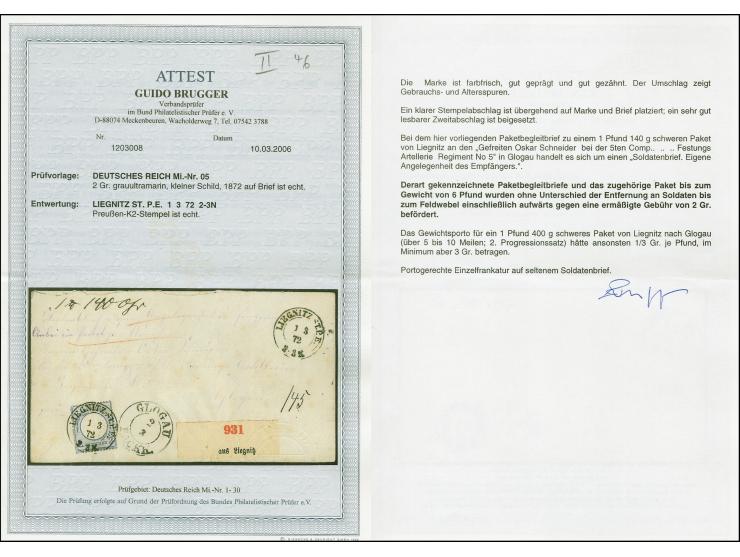2 Groschen grauultramarin mit DKr. "LIEGNITZ ST.P.E. 1.3.72" auf Paketbegleitbrief zu einem 1 Pfund 140 g schweren Paket als 