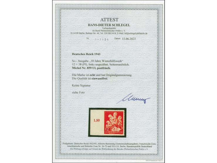 1943, 10 Jahre WHW, links ungezähntes Seitenrandstück, postfrisch, tadellos, eine seltene Marke, Fotoattest HD Schlegel BPP (