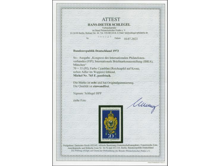 1973, IBRA 70 Pfg. mit Abart "Farbe Cyanblau (Reichsapfel auf Krone) fehlend", postfrisch, tadellos, sign. Schlegel BPP mit F