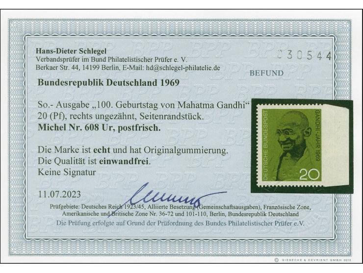 1969, Ghandi 20 Pfg., rechtes Randstück, rechts ungezähnt, postfrisch, tadellos, Befund Schlegel BPP (2023)