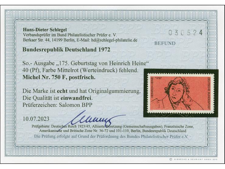175. Geburtstag von Heinrich Heine 40 Pfg. mit Abart "Farbe Mittelrot (Werteindruck) fehlend", postfrisch und gestempelt "DÜS